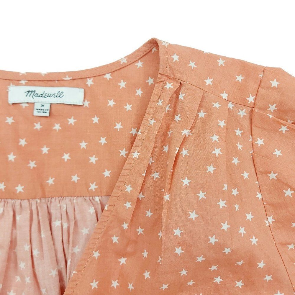 Madewell Wrap Blouse Womens Medium Peach Tie Front 3/4 Sleeve V-Neck Stars Boho - Picture 9 of 13